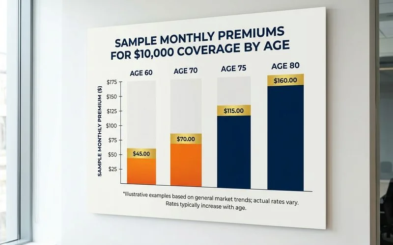 Bar chart of sample monthly premiums across ages 60, 70, 75, and 80