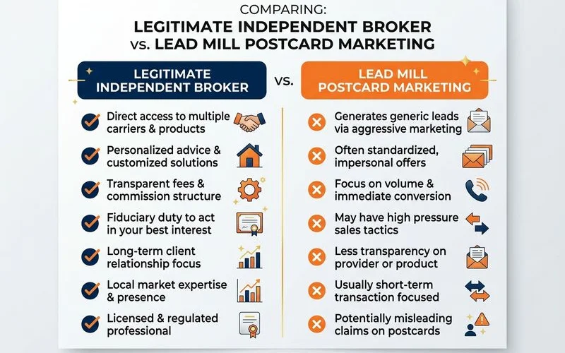 Checklist comparing a legitimate independent broker vs a lead mill