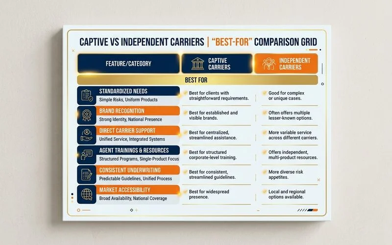 Comparison grid showing captive vs independent carriers and who each fits best