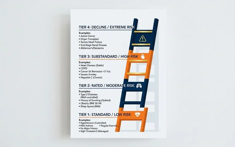 Four-tier underwriting ladder with example conditions at each level