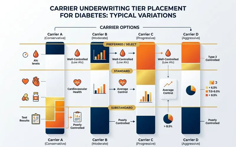 Graphic showing how carriers vary on diabetes underwriting