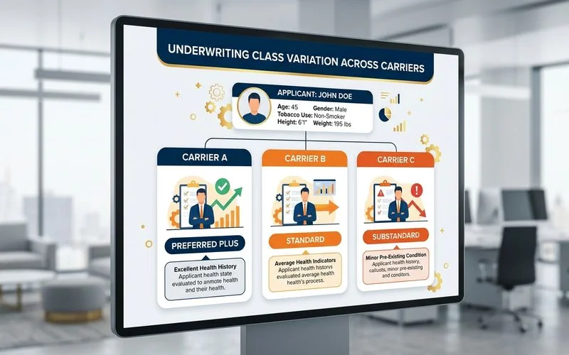 Graphic showing the same applicant in different underwriting classes across carriers