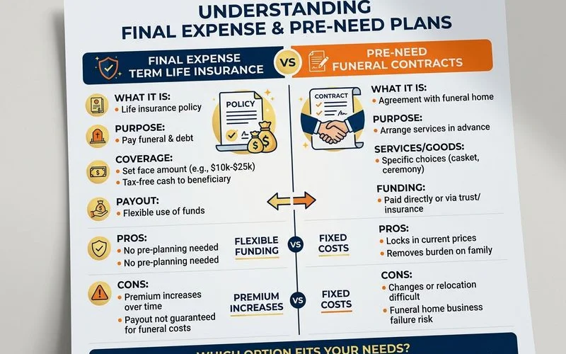 Infographic comparing final expense, term life, and pre-need funeral contracts