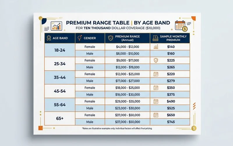 Premium range table by age band for $10,000 coverage