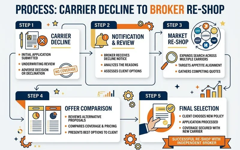 Step graphic showing decline to re-shop with an independent broker