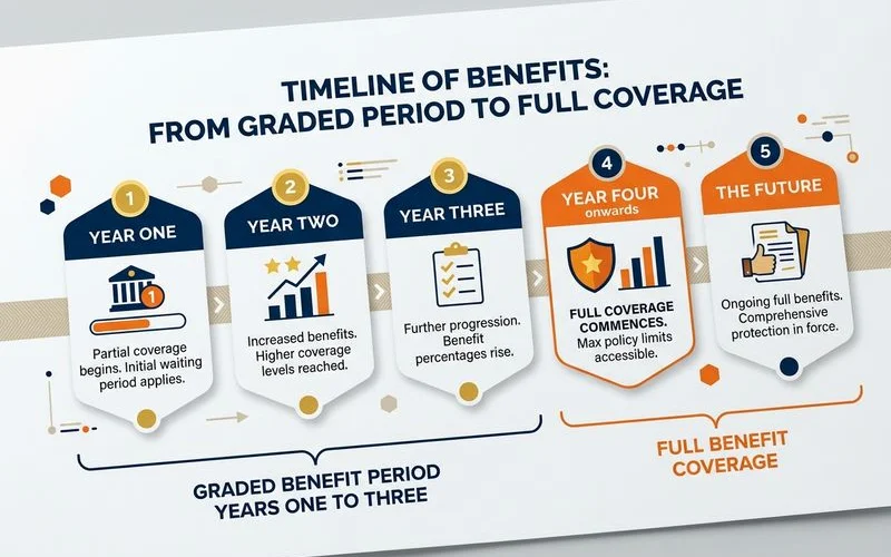 Timeline showing graded benefit period years 1-3 then full benefit