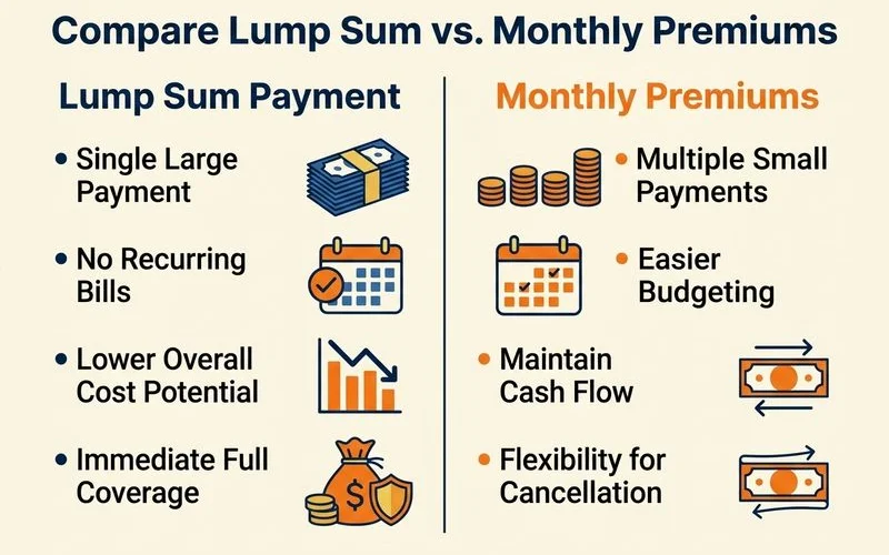 Two-column comparison of lump sum vs monthly premiums