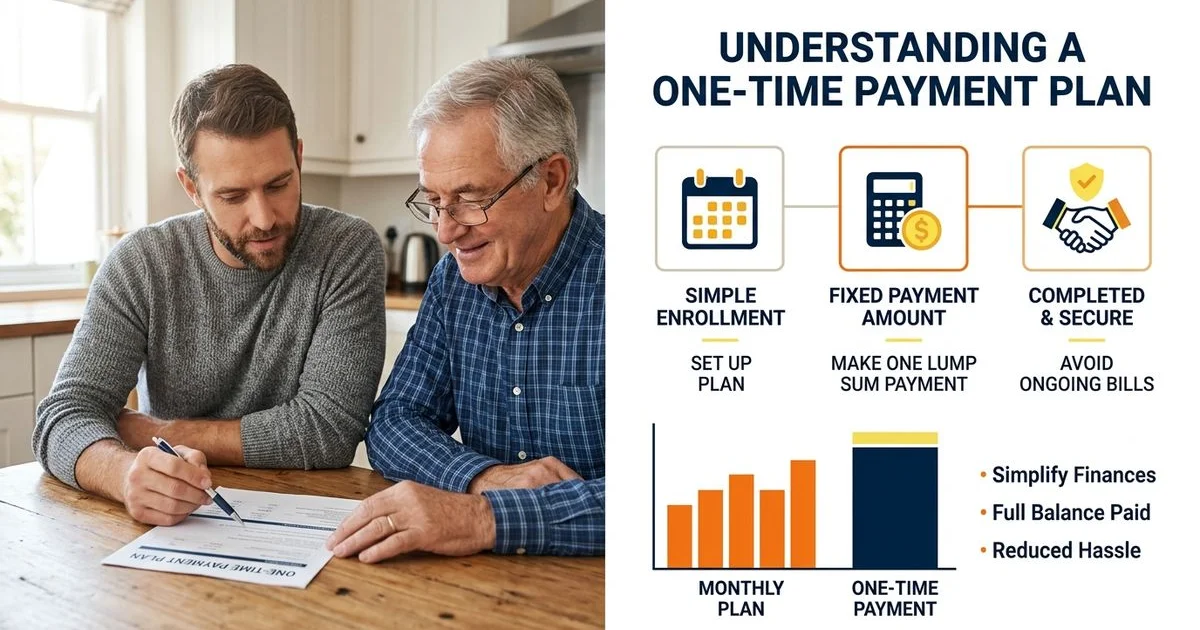 Adult child and senior parent reviewing a one-time payment plan together