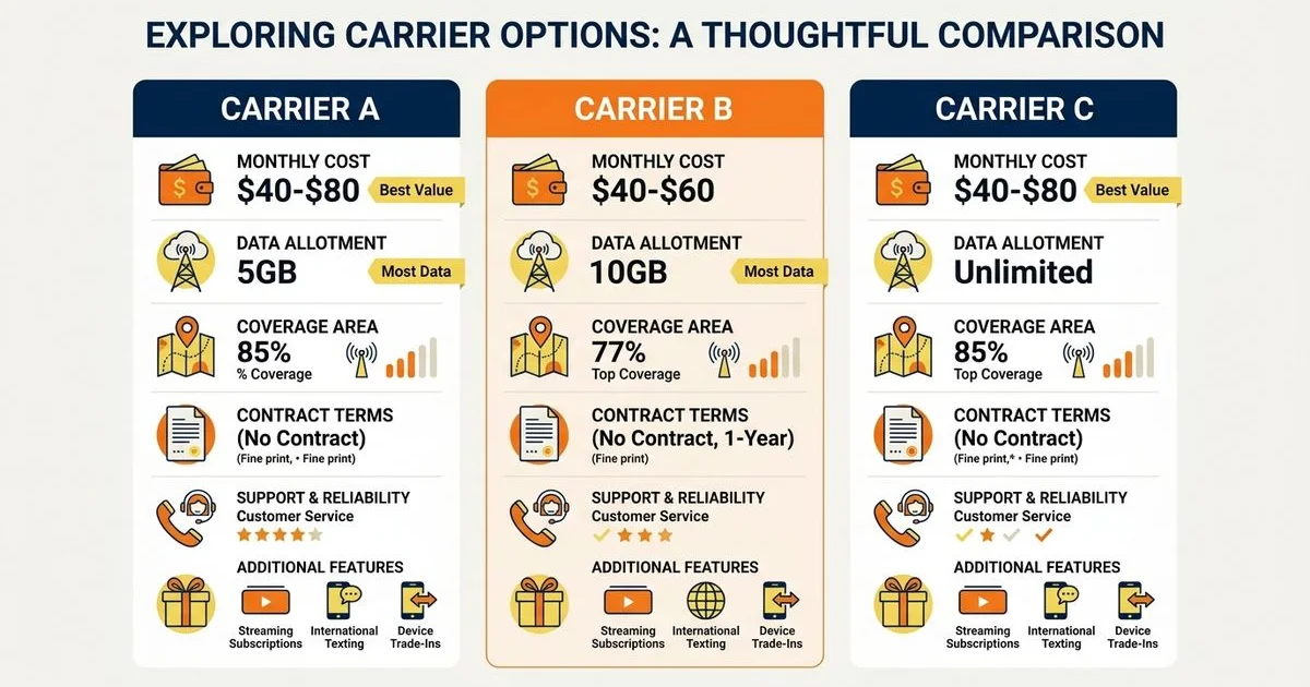 Senior comparing carrier options thoughtfully with a notepad at home