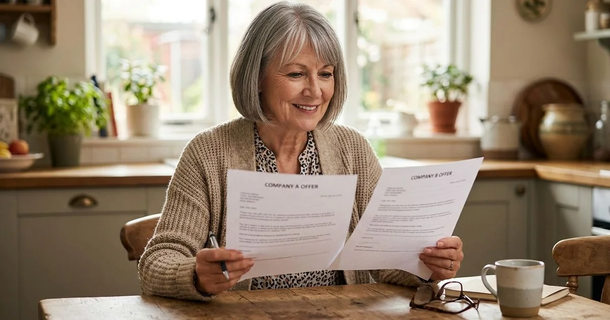 Senior comparing two offer letters side by side, confident