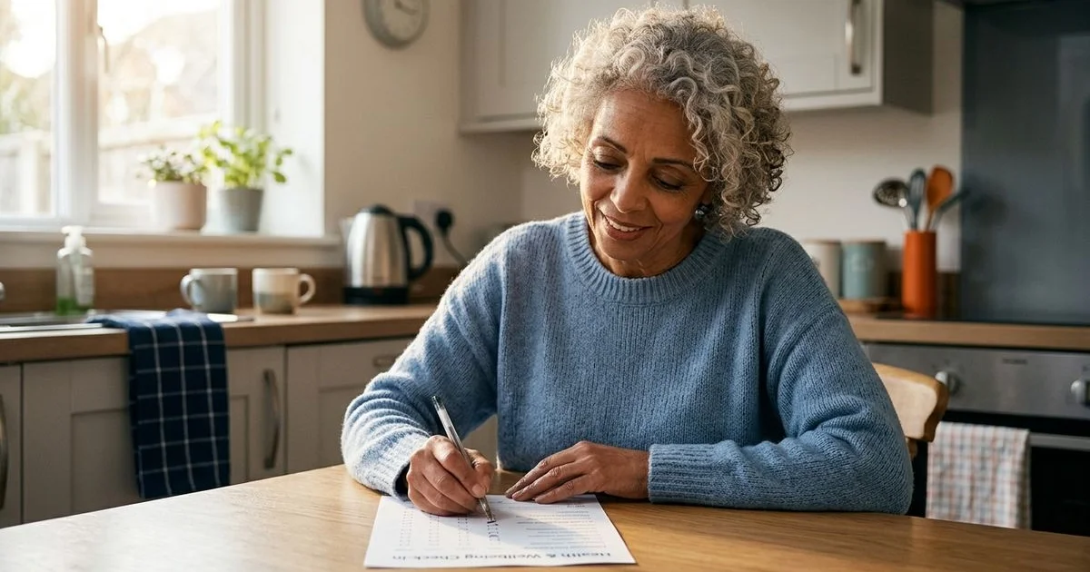 Senior filling out a short questionnaire at home, relaxed