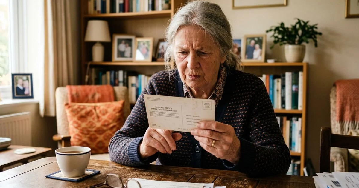 Senior's hands holding an official-looking postcard with a skeptical expression