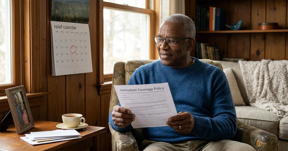 Senior holding a policy with relief, calendar in background showing immediate coverage