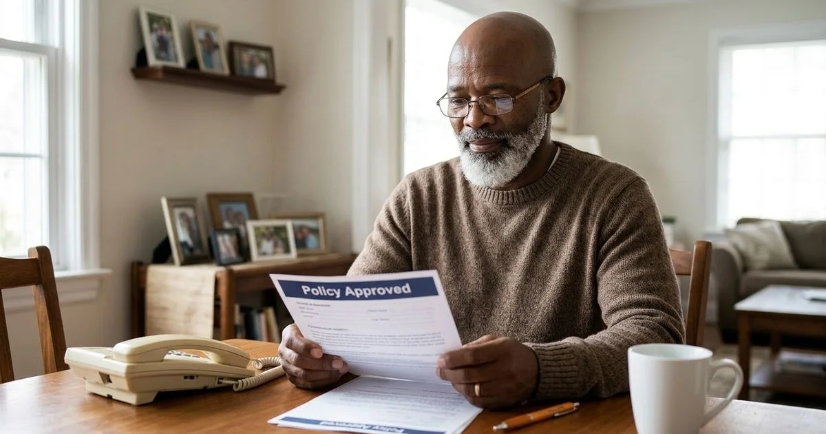 Senior at home looking relieved after final expense policy approval