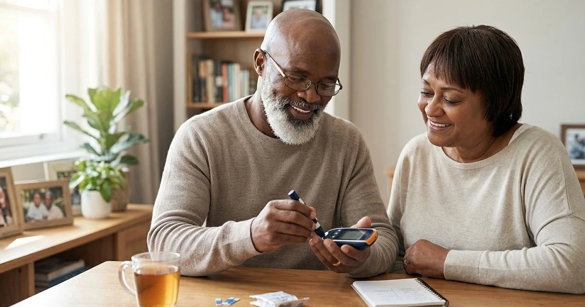 Senior managing diabetes at home looking relieved and healthy