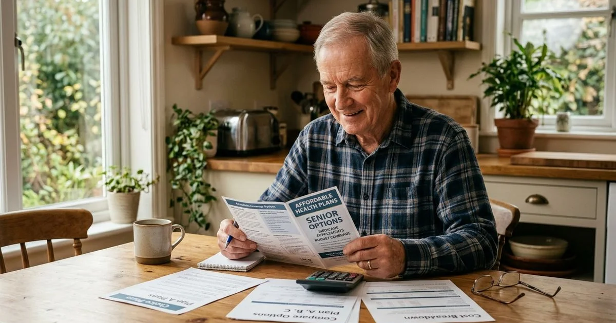 Senior on a budget reviewing affordable options at home, hopeful