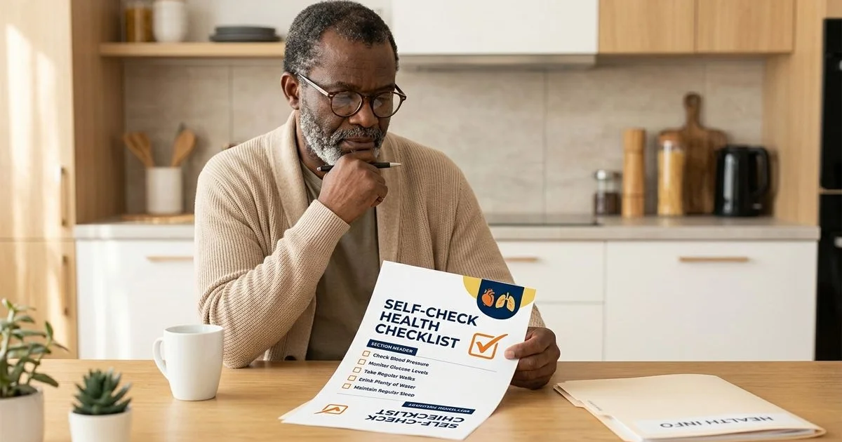 Senior reading a health self-check at the kitchen table