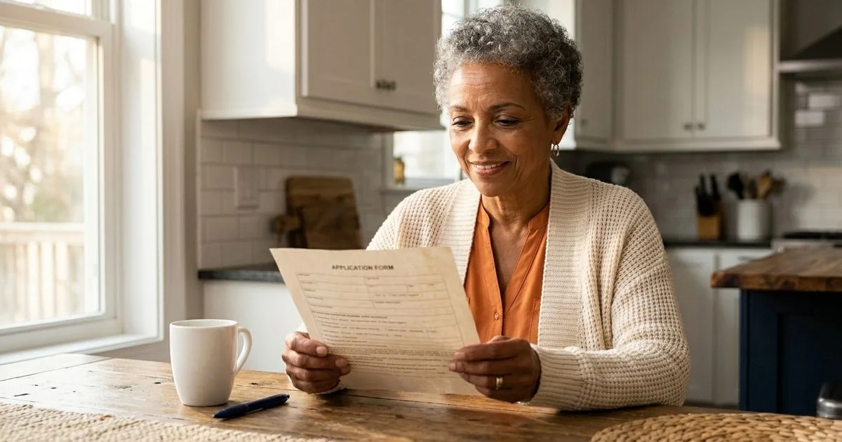 Senior relaxed at home holding a single-page application with no medical gear