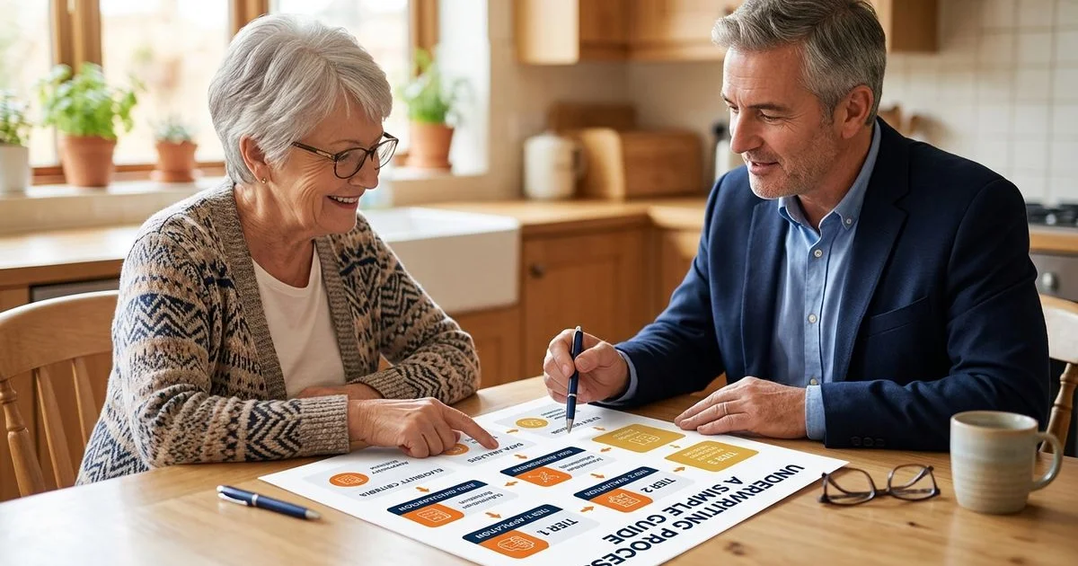 Senior reviewing a tiered underwriting diagram with an advisor