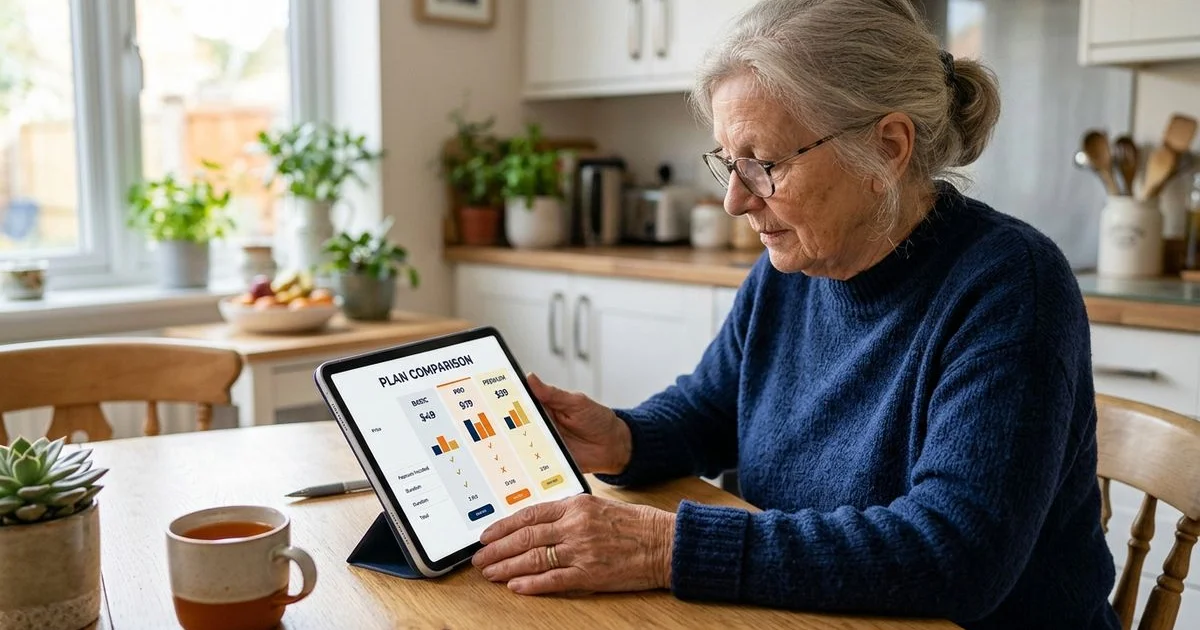 Senior reviewing a pricing comparison on a tablet at home