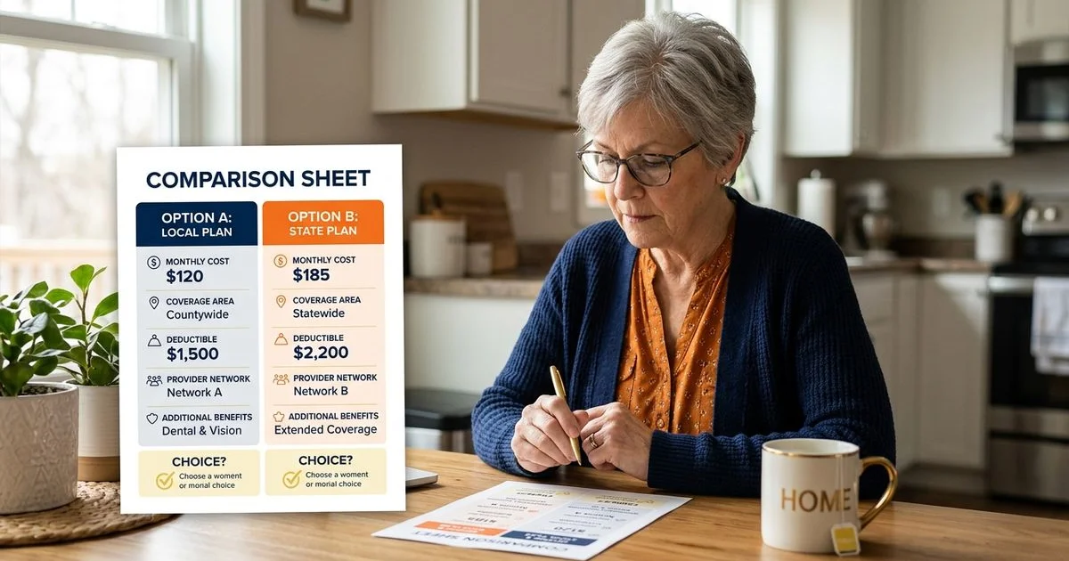 Senior weighing two labeled options on a comparison sheet