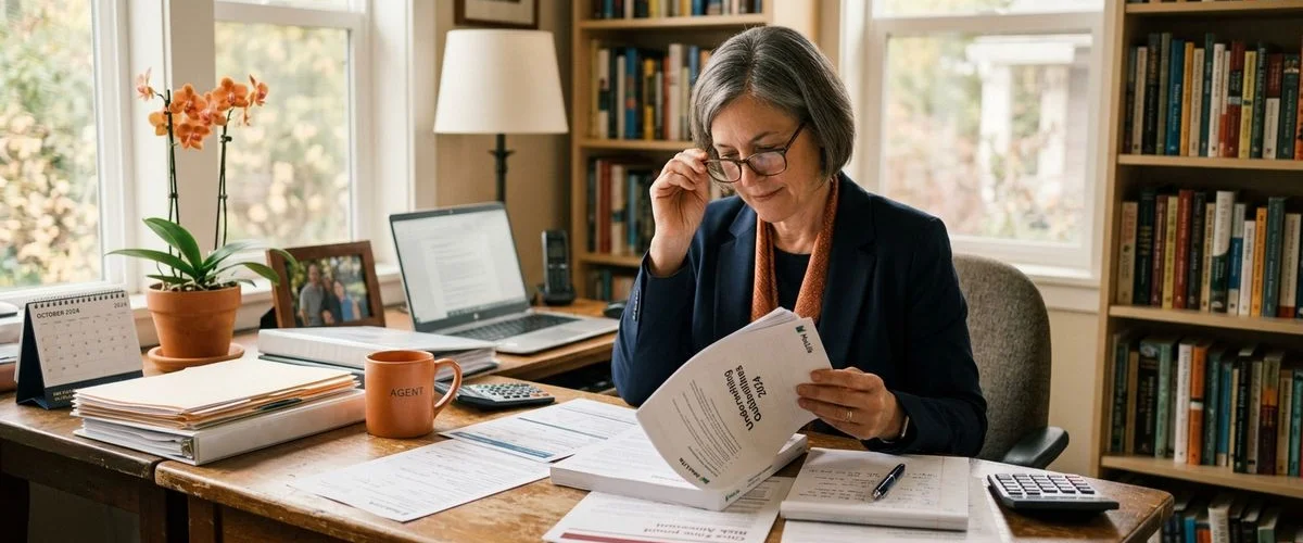 Former licensed life insurance producer at desk reviewing carrier underwriting guides