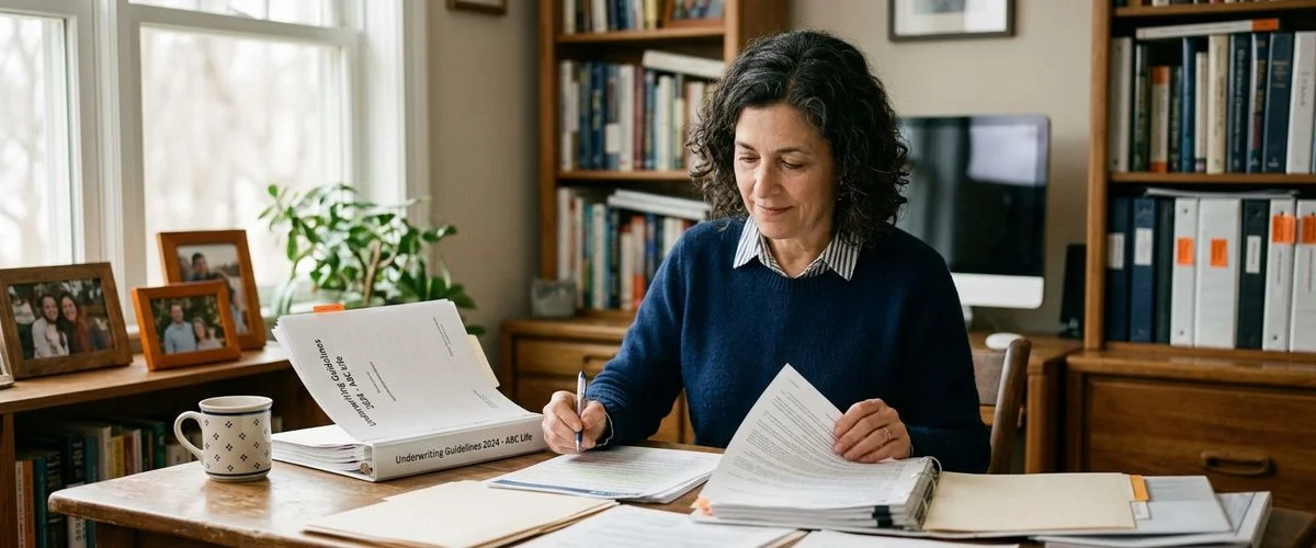 Former licensed life insurance producer at office reviewing carrier underwriting guides